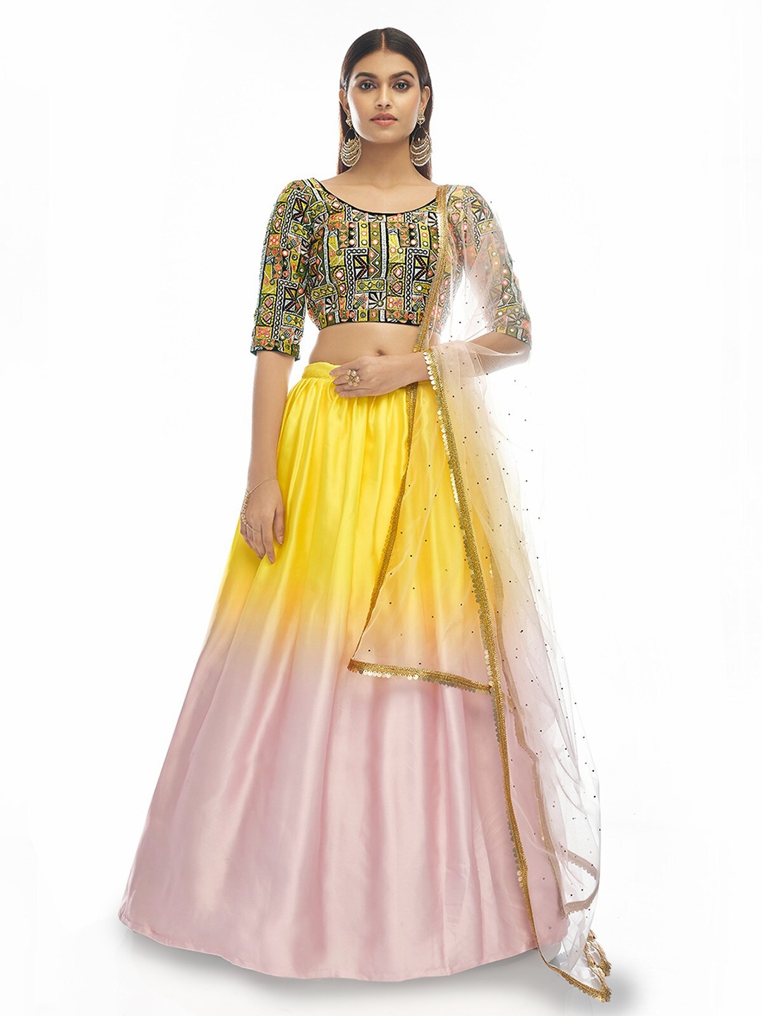 

ODETTE Embroidered Mirror Work Semi-Stitched Lehenga & Unstitched Blouse With Dupatta, Pink