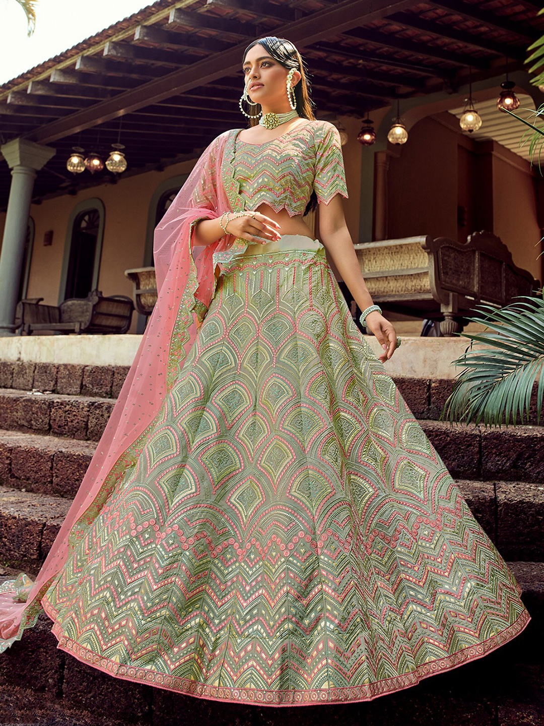 

ODETTE Embroidered Semi-Stitched Lehenga & Unstitched Blouse With Dupatta, Green