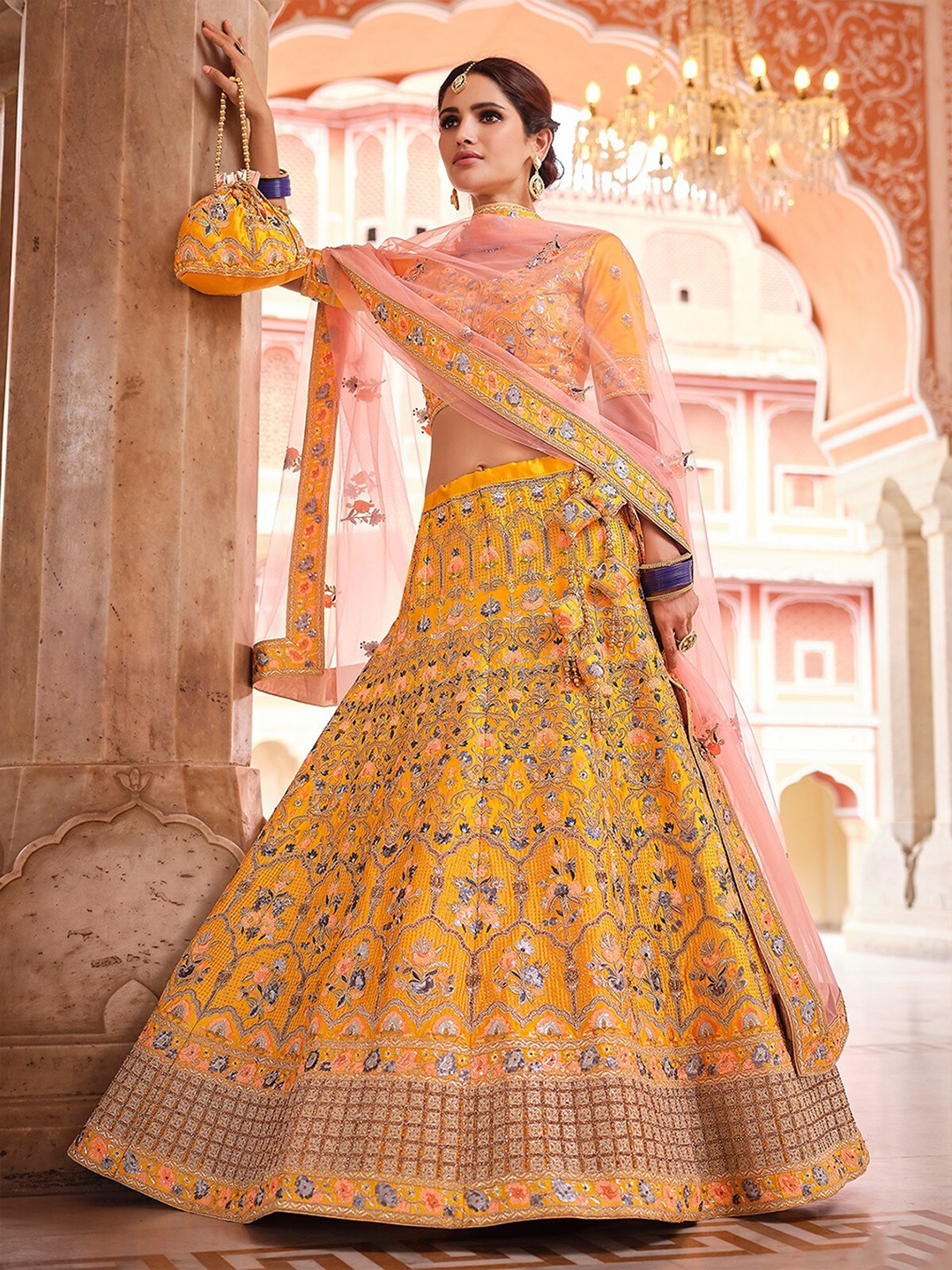 

ODETTE Embroidered Semi-Stitched Lehenga & Unstitched Blouse With Dupatta, Yellow