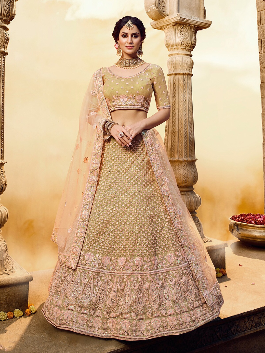 

ODETTE Embroidered Thread Work Semi-Stitched Lehenga & Unstitched Blouse With Dupatta, Gold