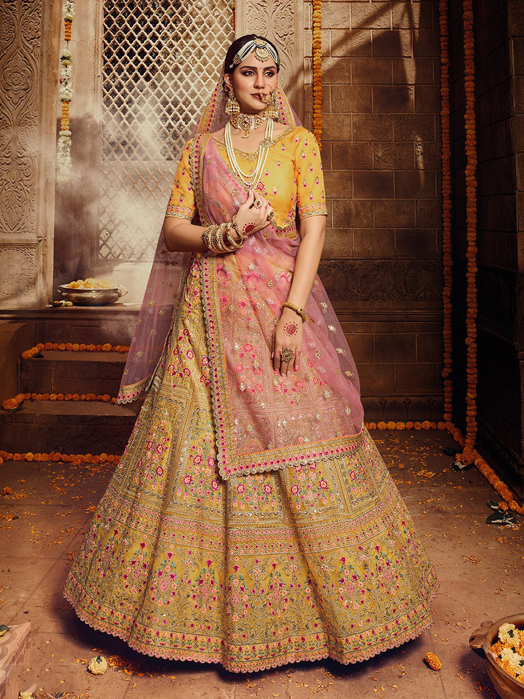 

ODETTE Embroidered Semi-Stitched Lehenga & Unstitched Blouse With Dupatta, Yellow
