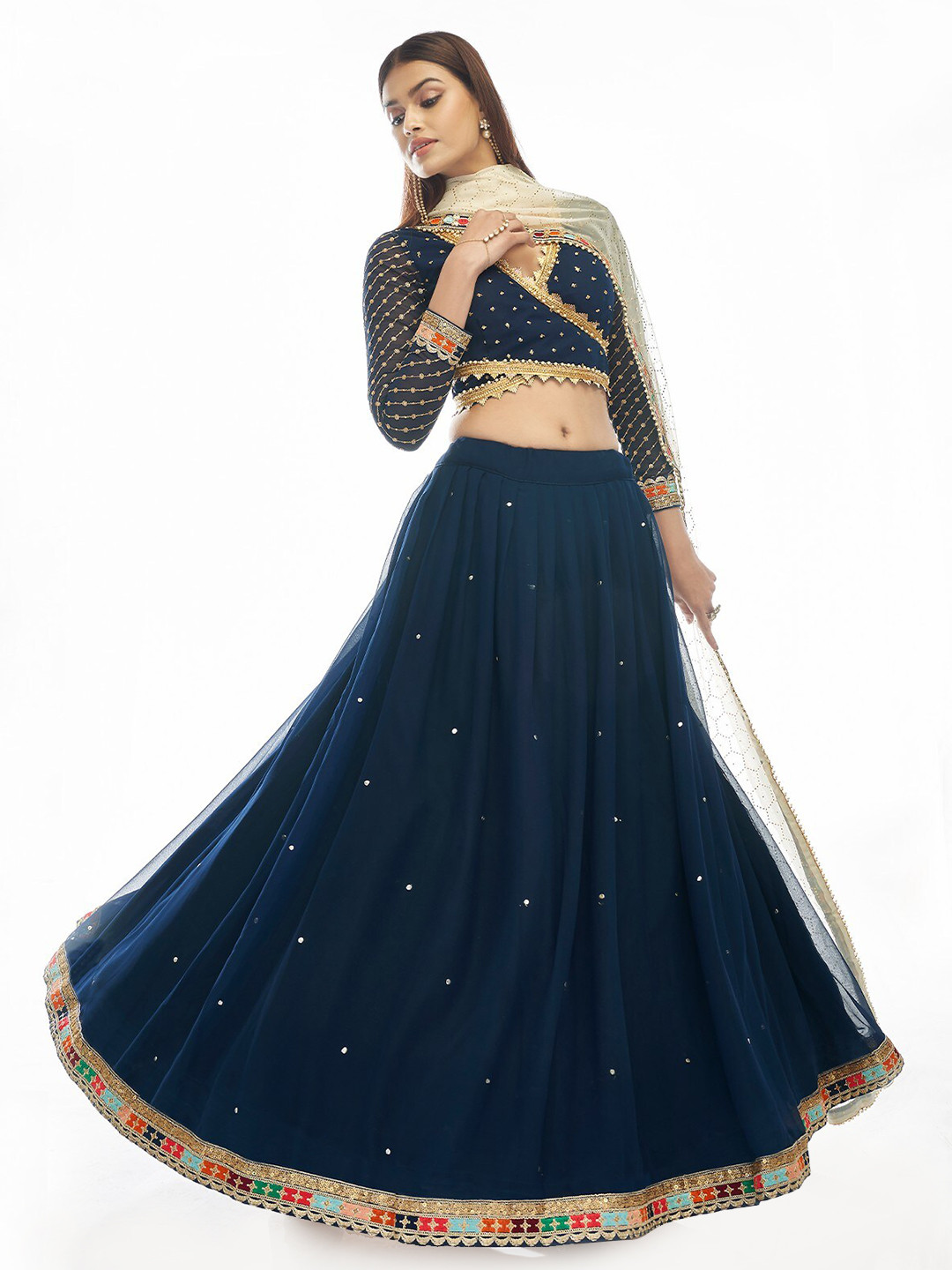 

ODETTE Embellished Sequinned Semi-Stitched Lehenga & Unstitched Blouse With Dupatta, Blue