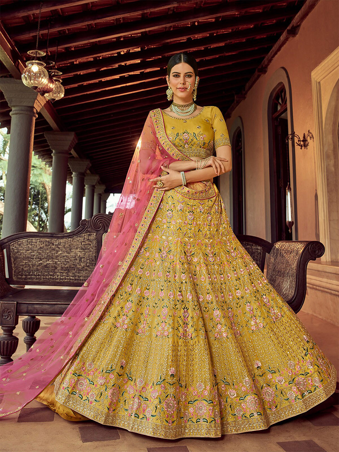 

ODETTE Embroidered Thread Work Semi-Stitched Lehenga & Unstitched Blouse With Dupatta, Mustard
