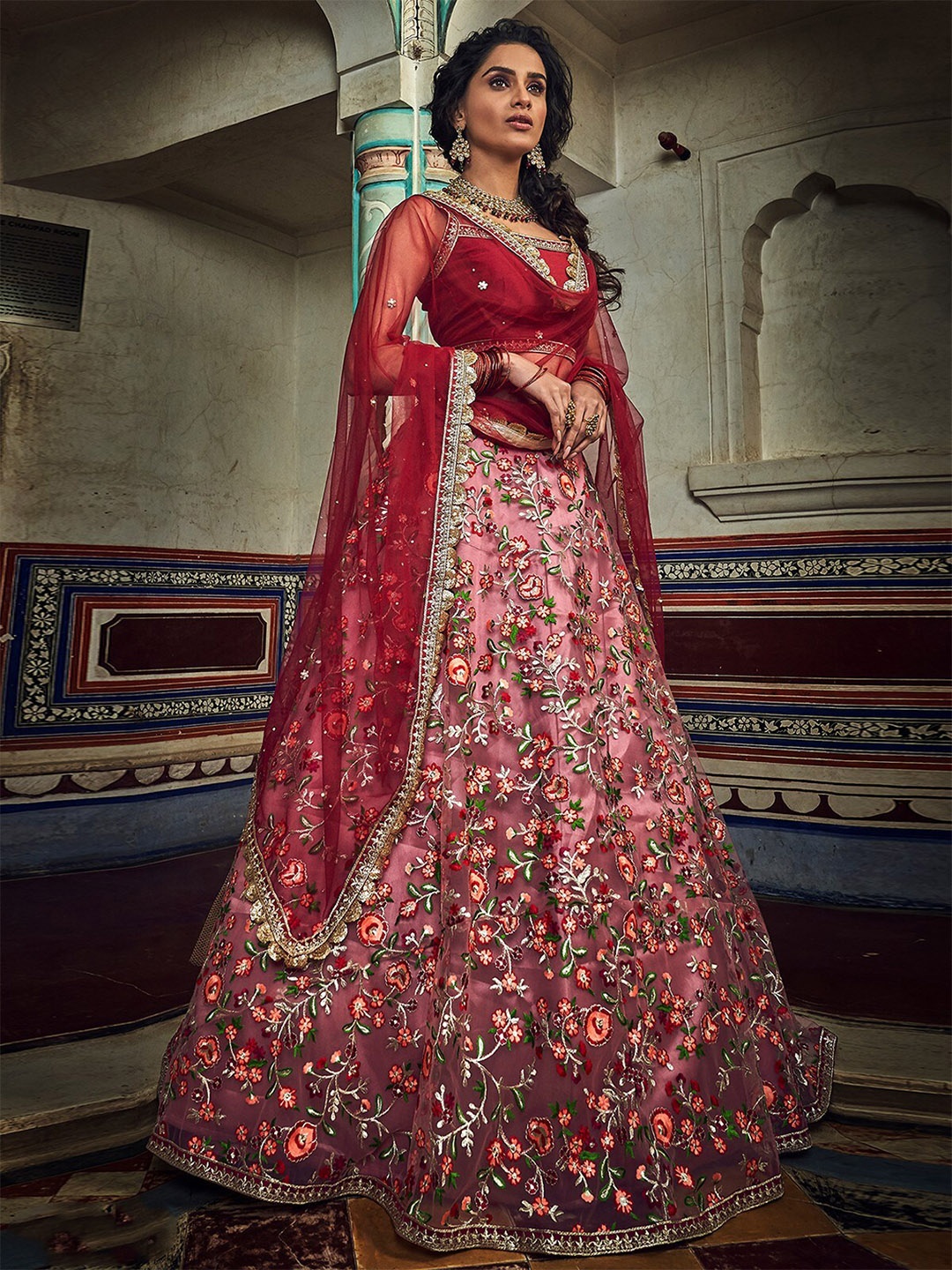 

ODETTE Embroidered Thread Work Semi-Stitched Lehenga & Unstitched Blouse With Dupatta, Red