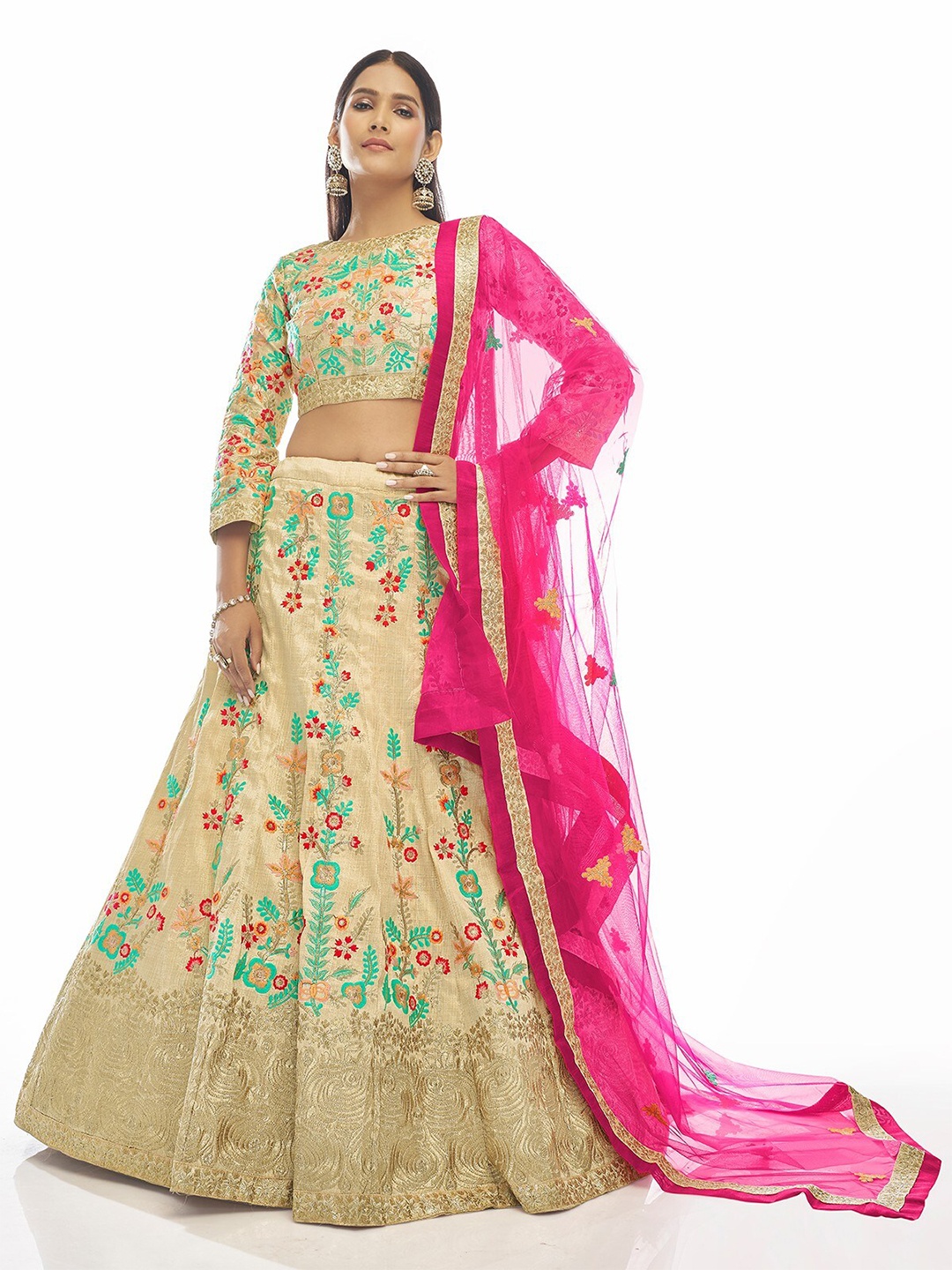 

ODETTE Embroidered Semi-Stitched Lehenga & Unstitched Blouse With Dupatta, Beige