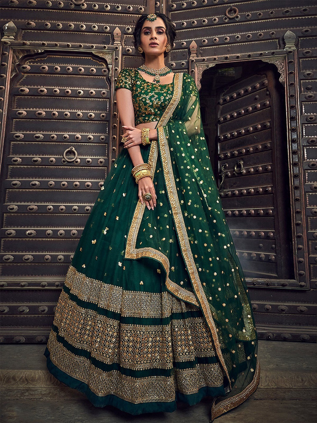 

ODETTE Embroidered Semi-Stitched Lehenga & Unstitched Blouse With Dupatta, Green