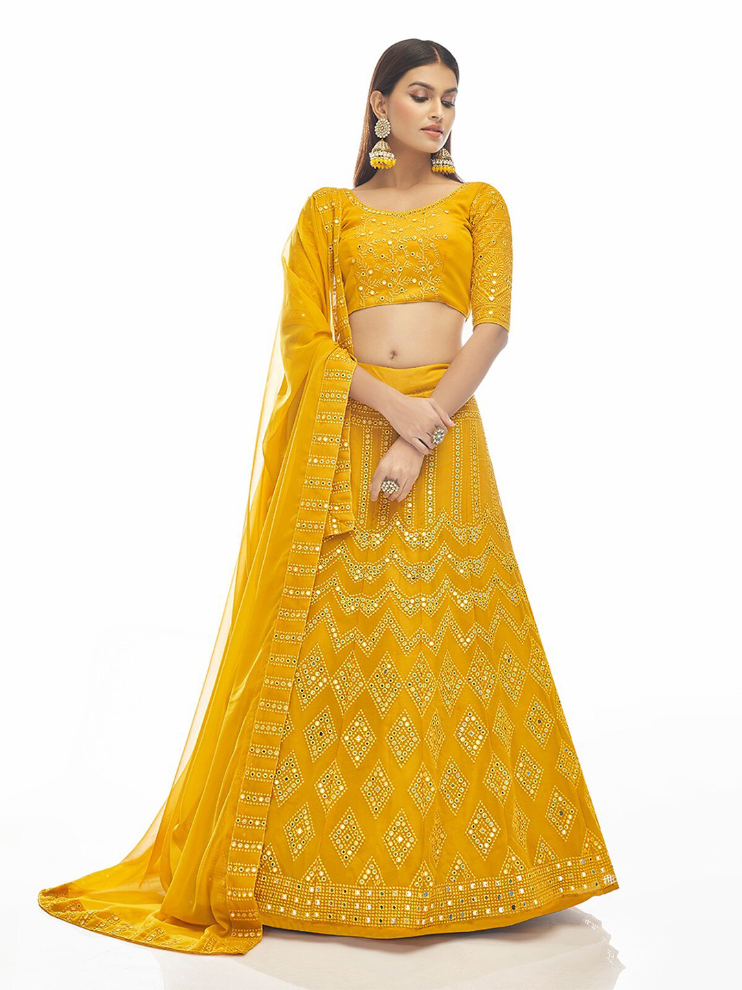 

ODETTE Embroidered Semi-Stitched Lehenga & Unstitched Blouse With Dupatta, Mustard