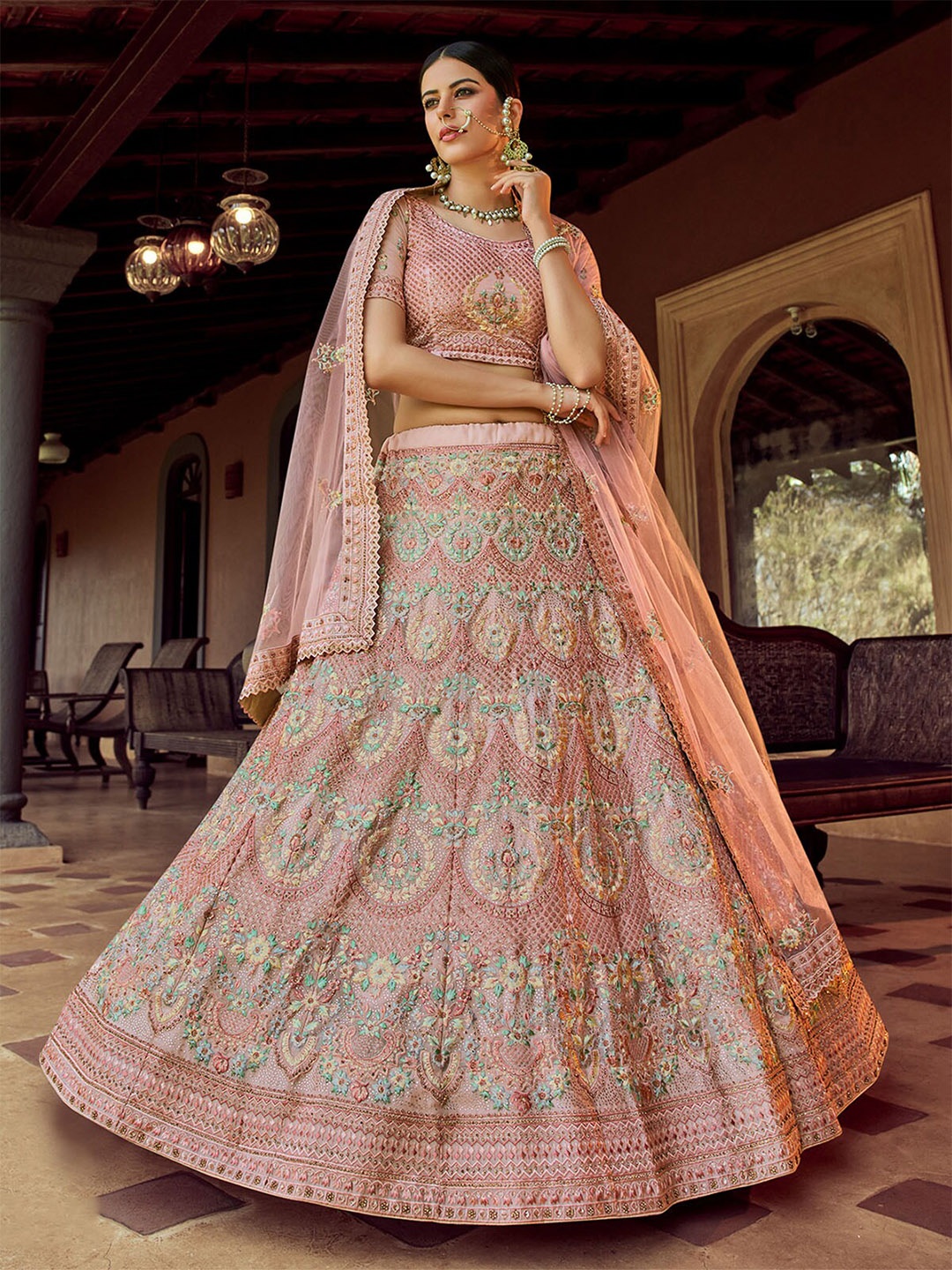 

ODETTE Embroidered Semi-Stitched Lehenga & Unstitched Blouse With Dupatta, Pink
