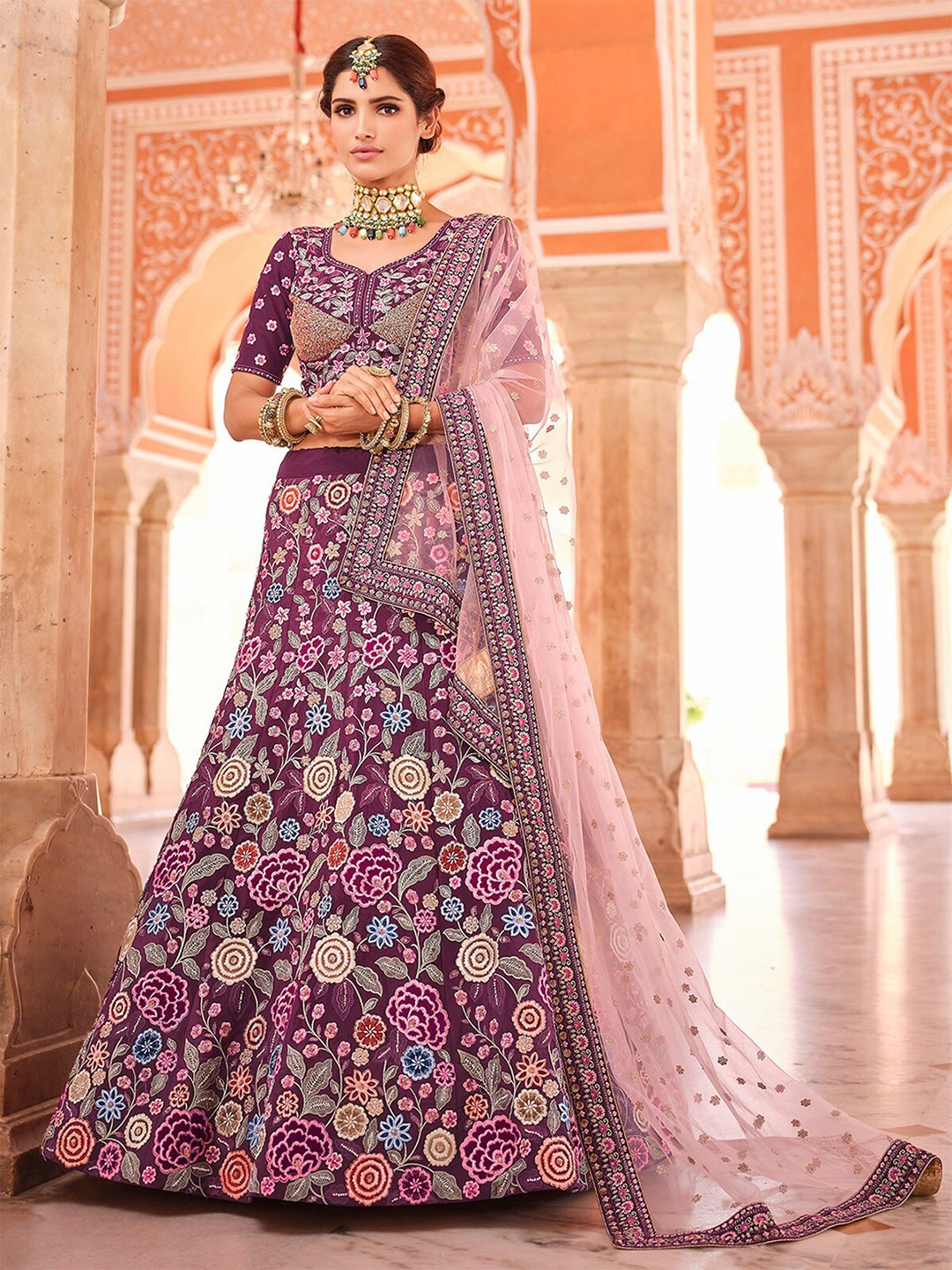 

ODETTE Embroidered Semi-Stitched Lehenga & Unstitched Blouse With Dupatta, Purple