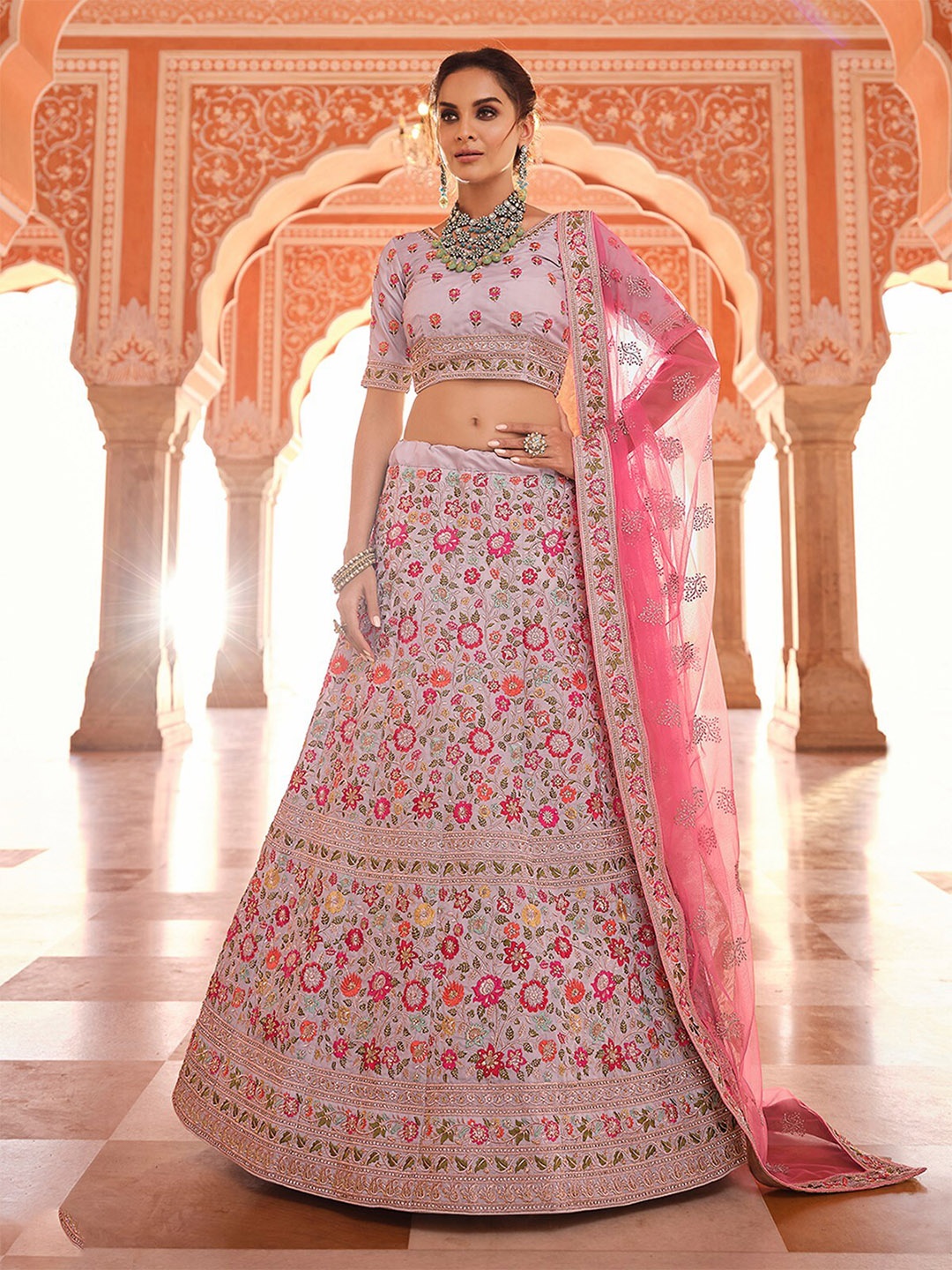 

ODETTE Embroidered Semi-Stitched Lehenga & Unstitched Blouse With Dupatta, Purple