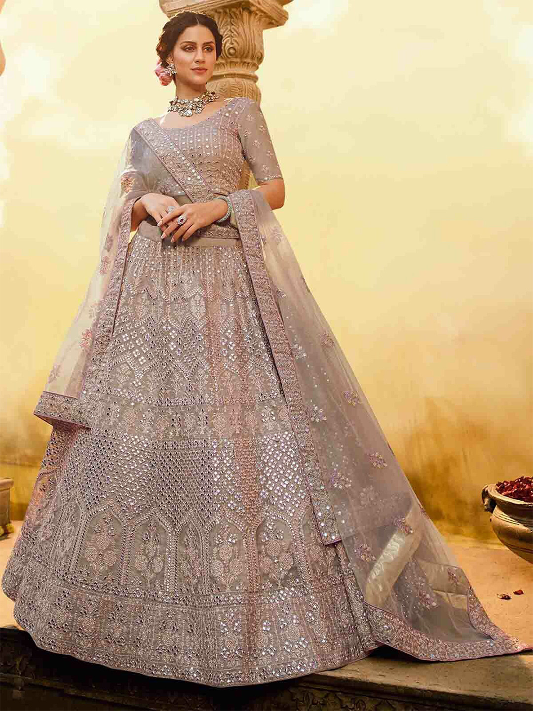 

ODETTE Embroidered Semi-Stitched Lehenga & Unstitched Blouse With Dupatta, Beige