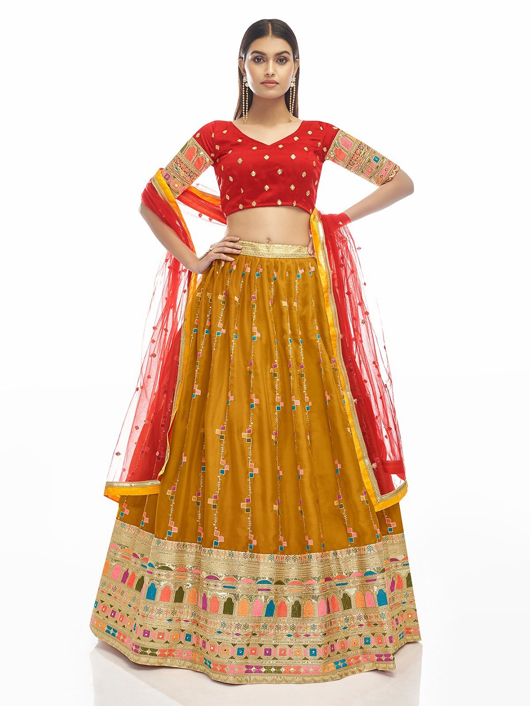

ODETTE Embroidered Semi-Stitched Lehenga & Unstitched Blouse With Dupatta, Mustard
