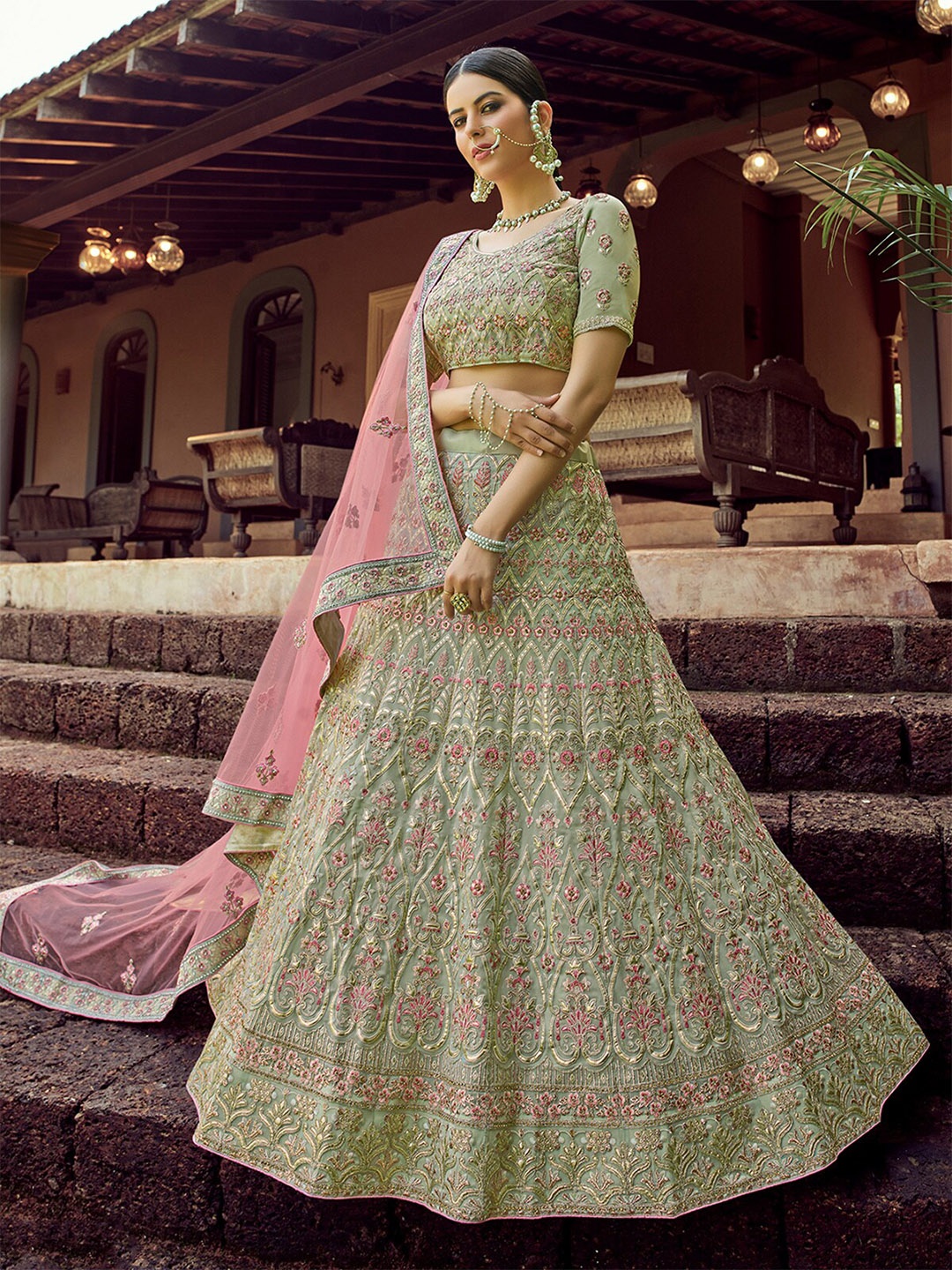 

ODETTE Embroidered Semi-Stitched Lehenga & Unstitched Blouse With Dupatta, Green