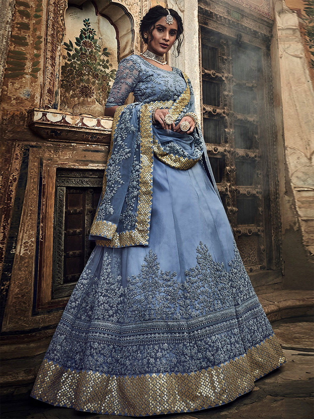 

ODETTE Embroidered Thread Work Semi-Stitched Lehenga & Unstitched Blouse With Dupatta, Grey