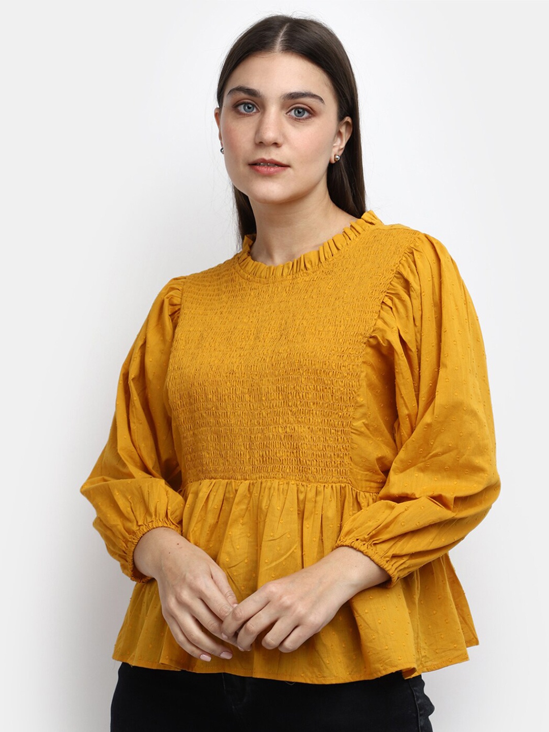

V-Mart Self Design Puff Sleeves Smocking Cotton Peplum Top, Gold