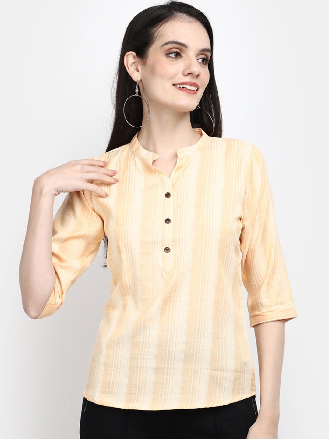 

V-Mart Vertical Striped Mandarin Collar Shirt Style Top, Yellow