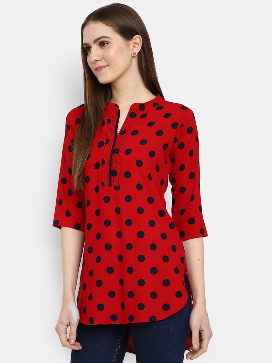 

V-Mart Polka Dot Printed Mandarin Collar Top, Red