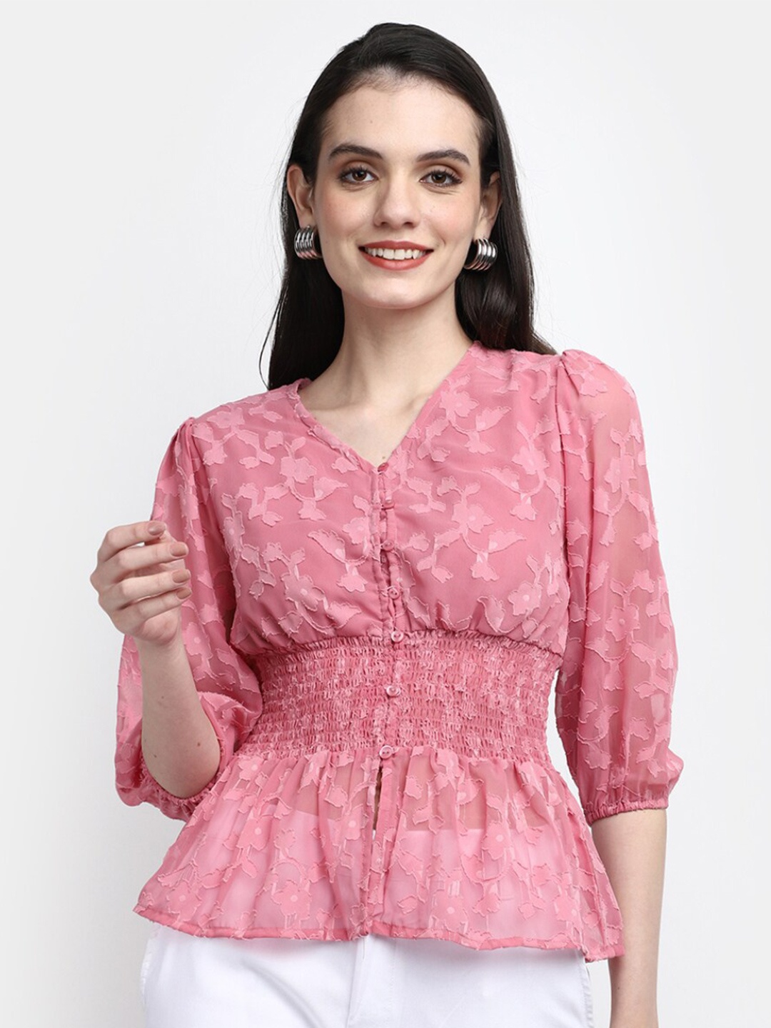 

V-Mart Self Design Textured Puff Sleeves Cinched Waist Top, Pink