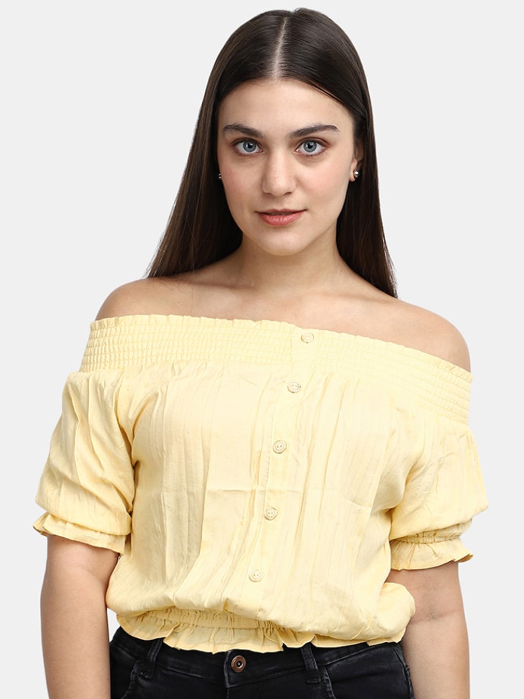 

V-Mart Off-Shoulder Puff Sleeves Cotton Bardot Top, Yellow