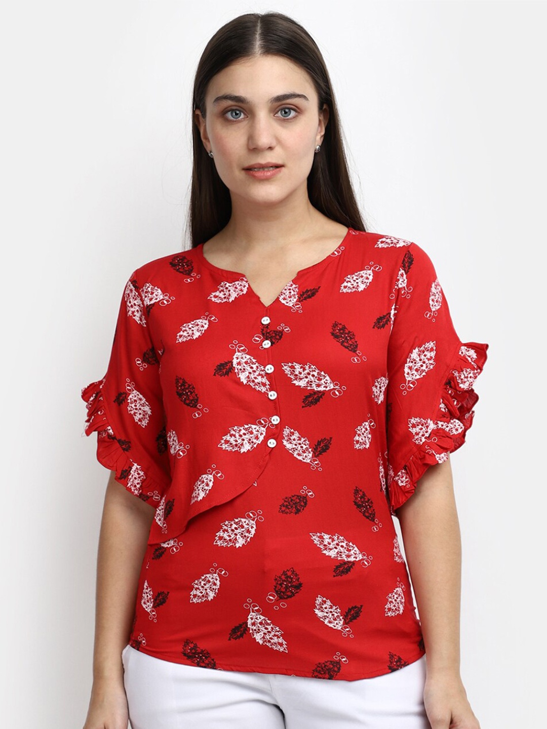 

V-Mart Floral Printed Flared Sleeve Top, Red