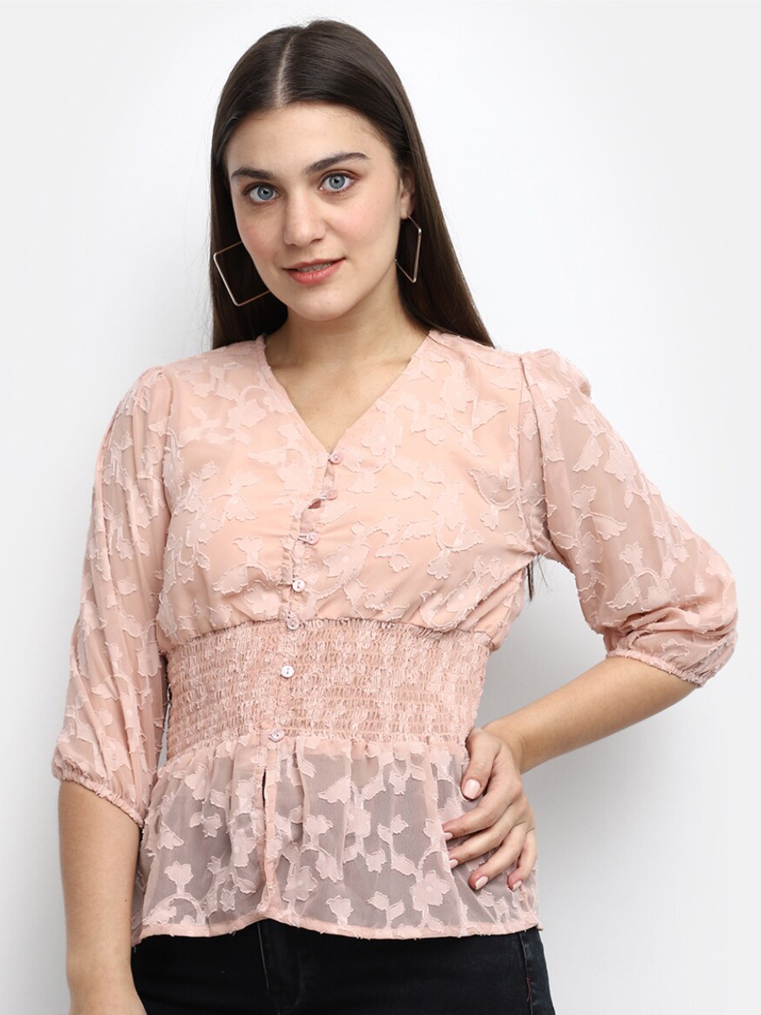 

V-Mart Floral Lace Puff Sleeve Cotton Cinched Waist Top, Beige