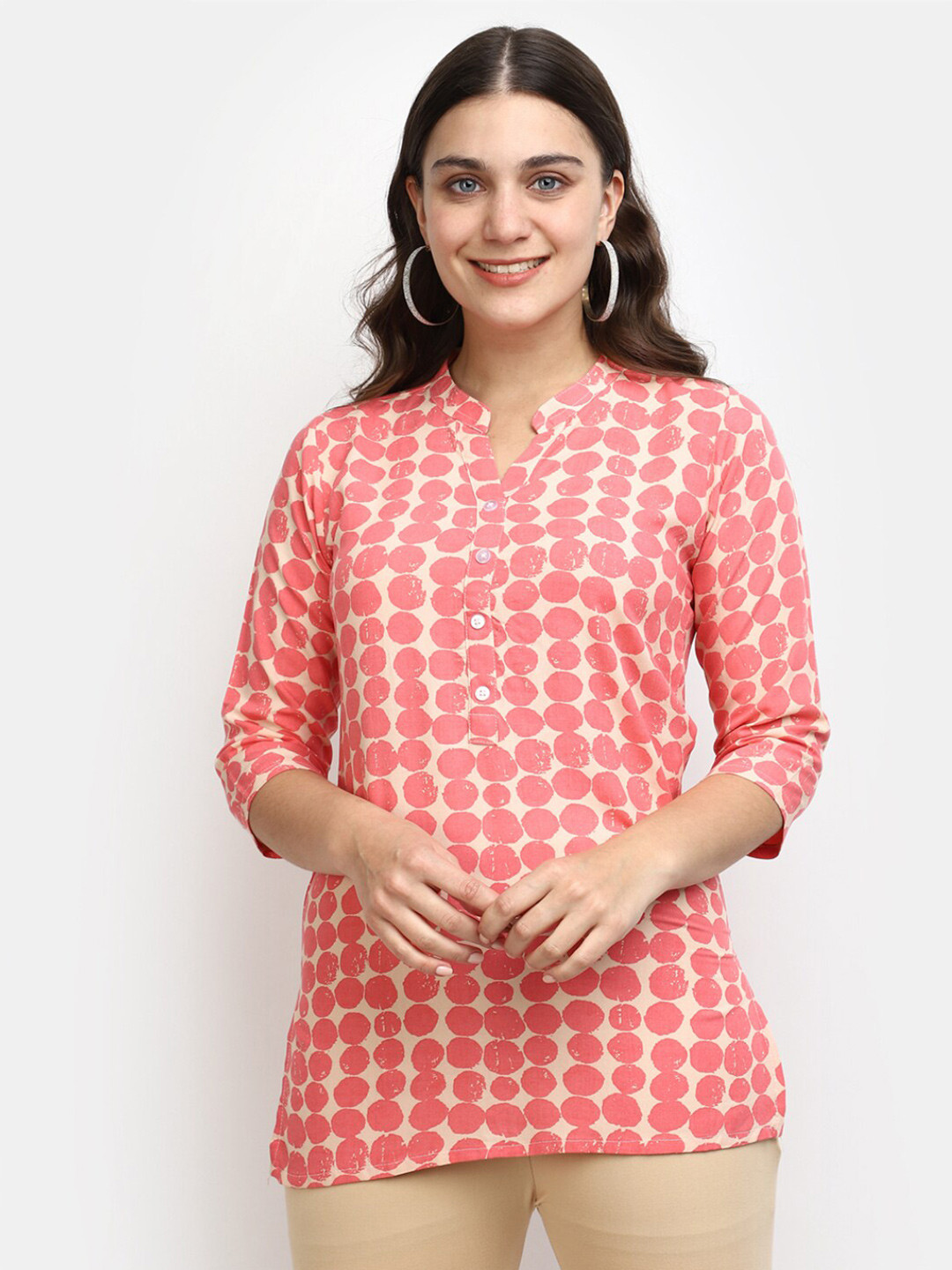

V-Mart Conversational Printed Mandarin Collar Cotton Top, Pink