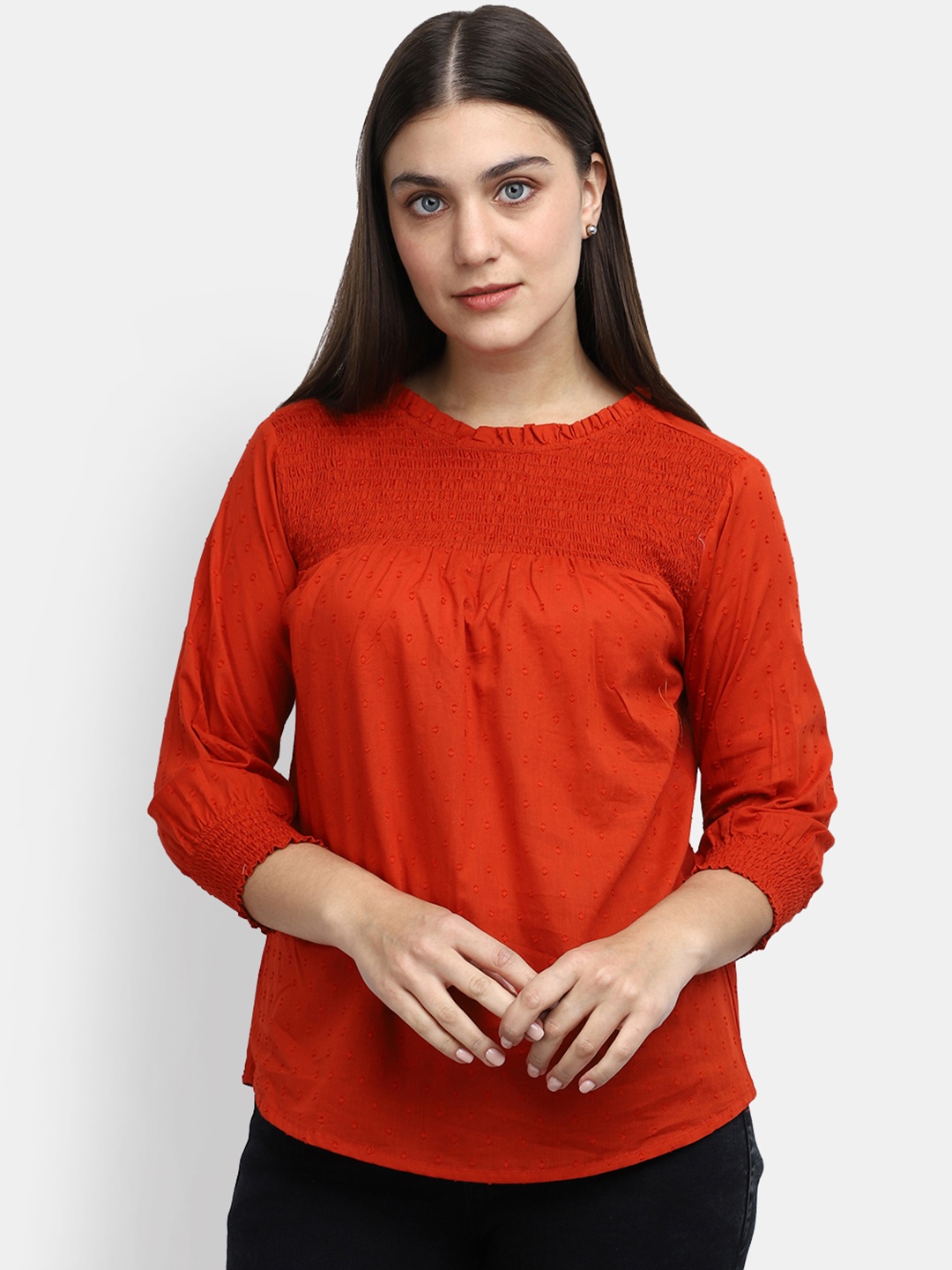 

V-Mart Smocked Self Designed Casual Cotton Top, Red