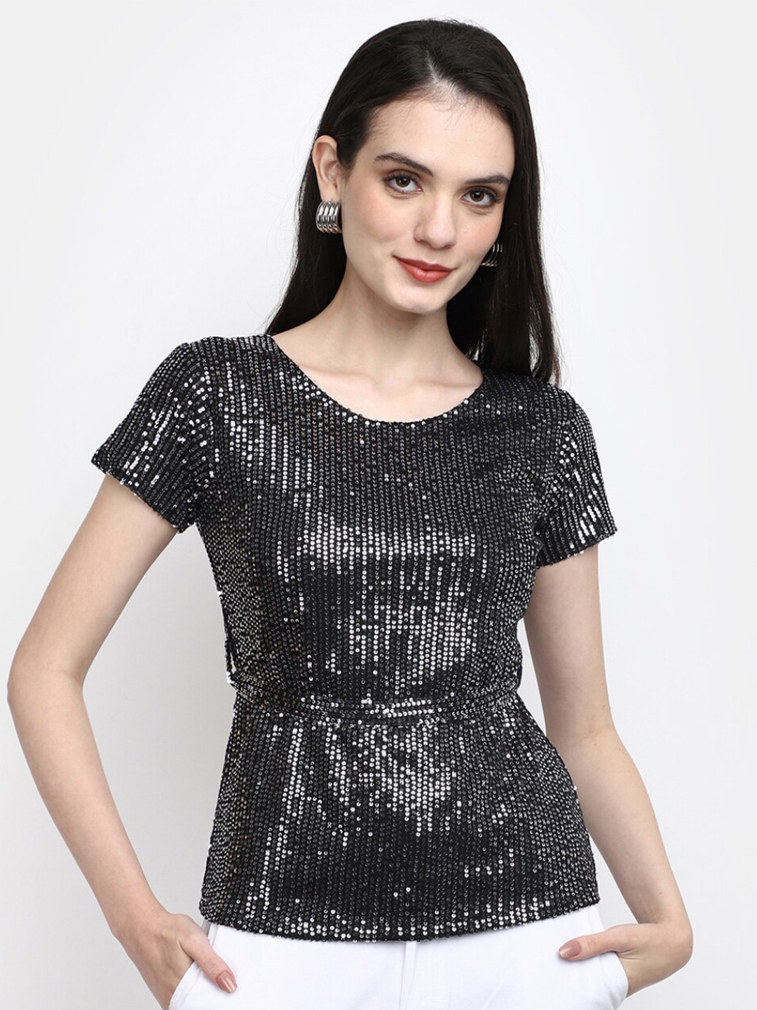 

V-Mart Round Neck Embellished Casual Top, Black