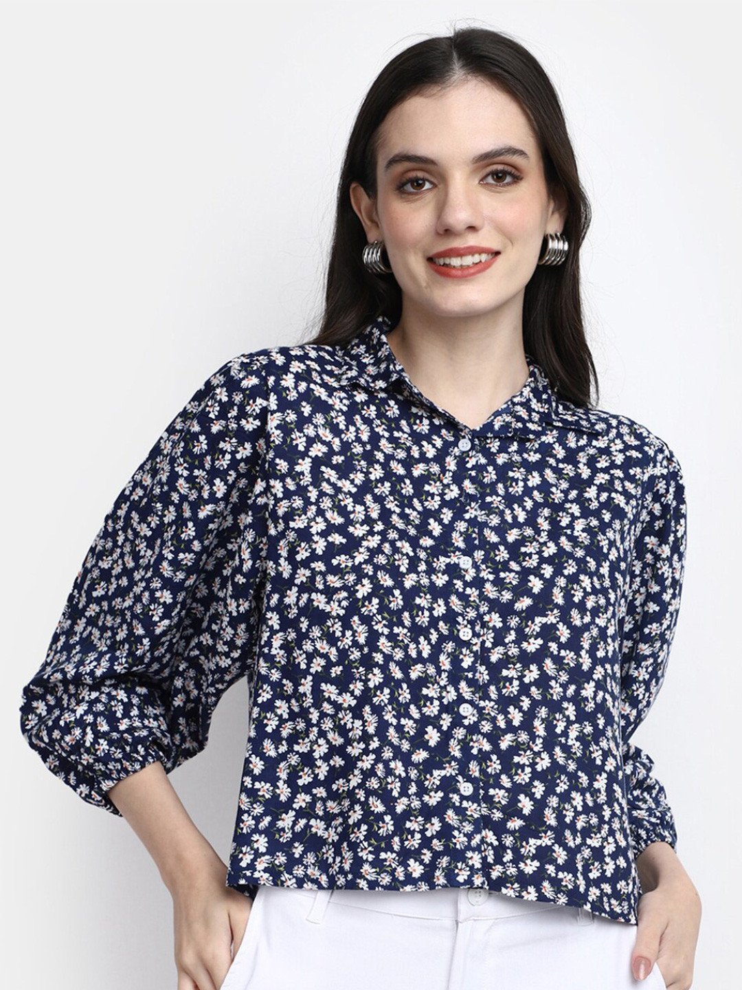

V-Mart Floral Printed Shirt Collar Shirt Style Top, Blue