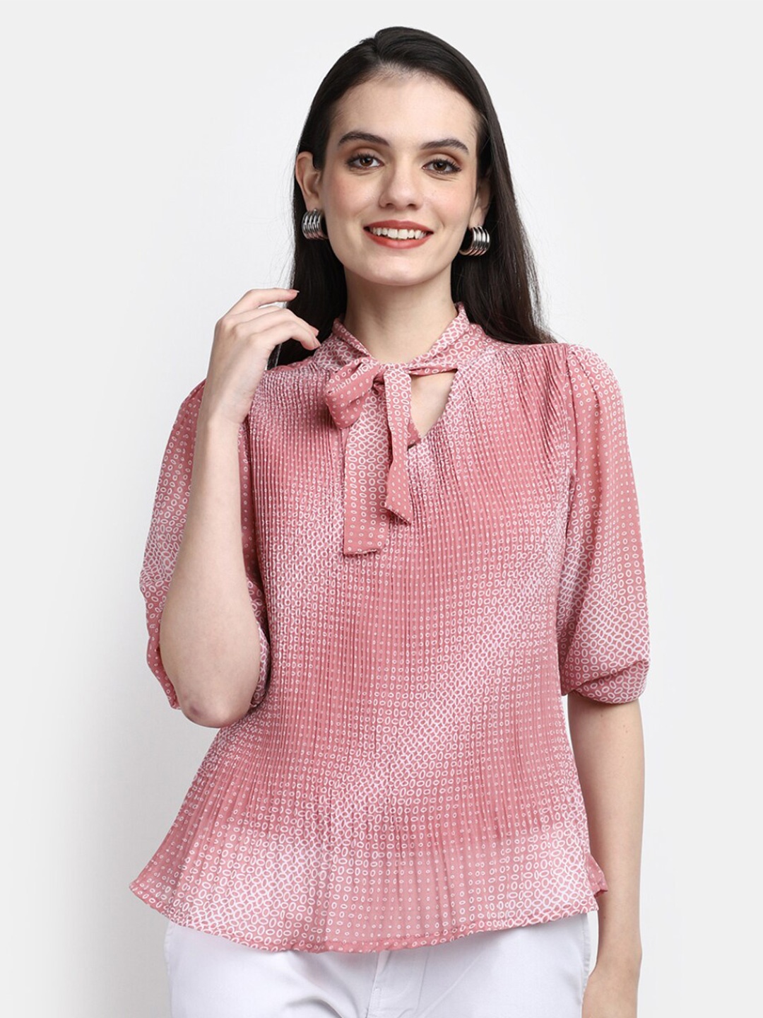 

V-Mart Tie-Up Neck Self Design Puff Sleeves Cotton Top, Pink