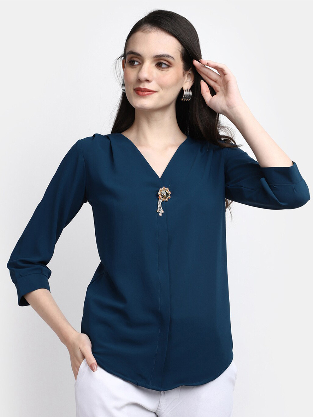 

V-Mart V-Neck Three-Quarter Sleeves Regular Top, Blue