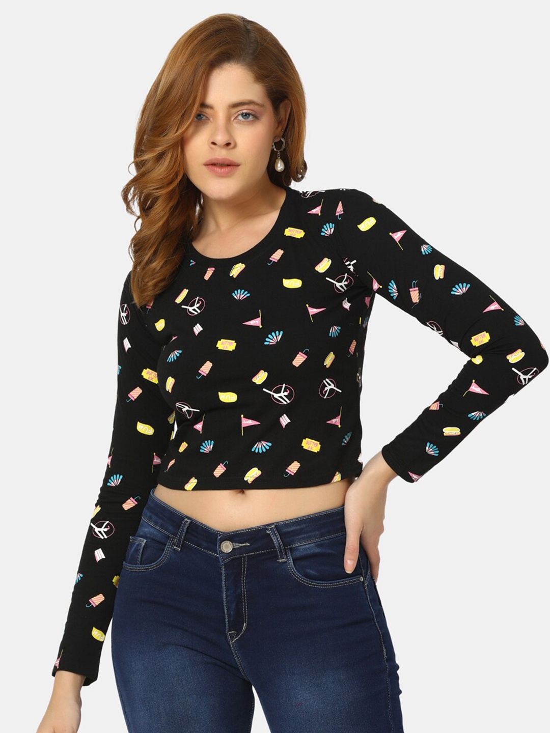 

V-Mart Conversational Printed Cotton Crop Top, Black