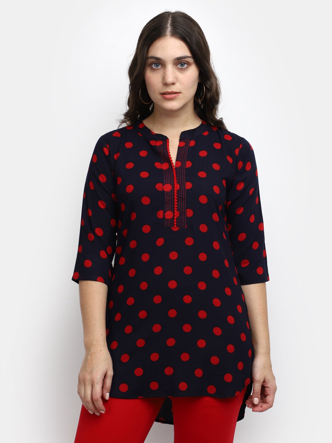 

V-Mart Polka Dots Printed Mandarin Collar Cotton Top, Blue