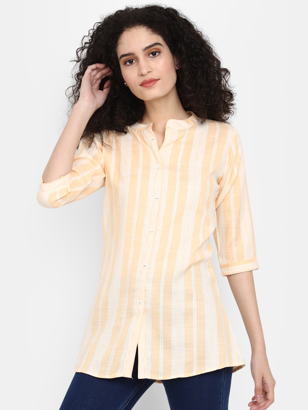 

V-Mart Striped Mandarin Collar Cuffed Sleeves Shirt Style Top, Pink