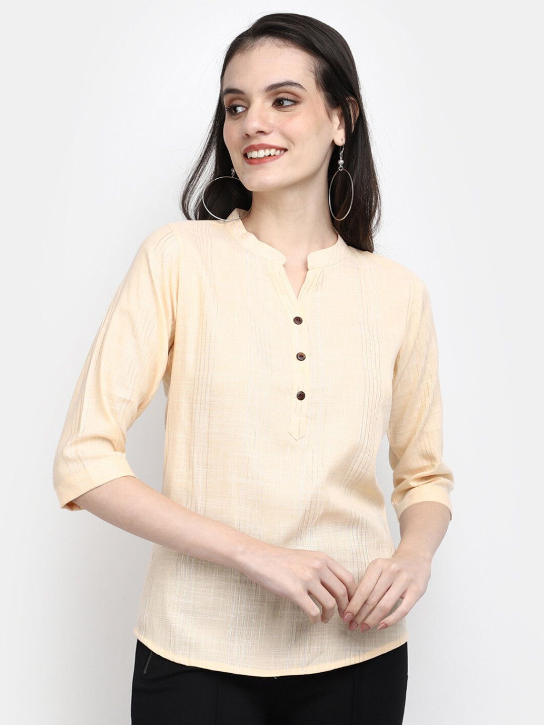 

V-Mart Self Design Mandarin Collar Cuffed Sleeves Shirt Style Top, Yellow