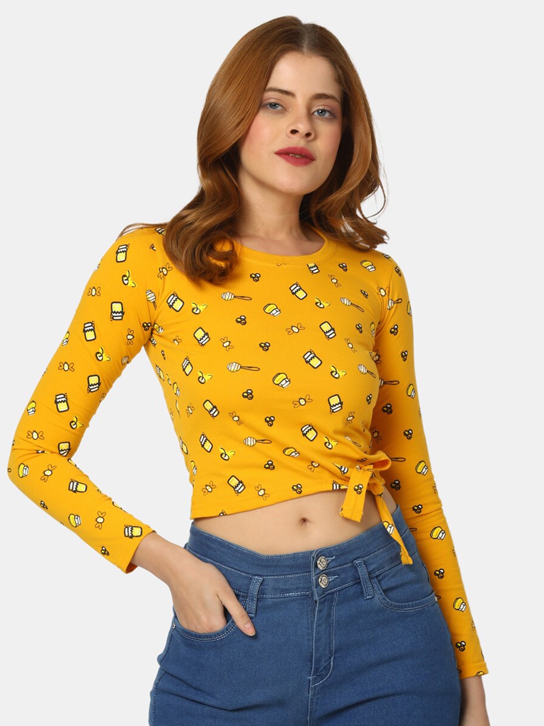 

V-Mart Conversational Print Cotton Crop Top, Gold