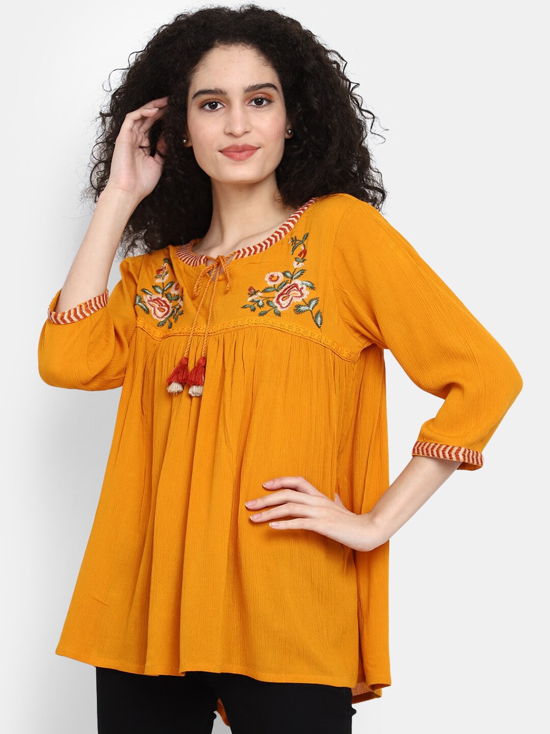 

V-Mart Floral Embroidered Tie-Up Neck Cotton A-Line Top, Gold