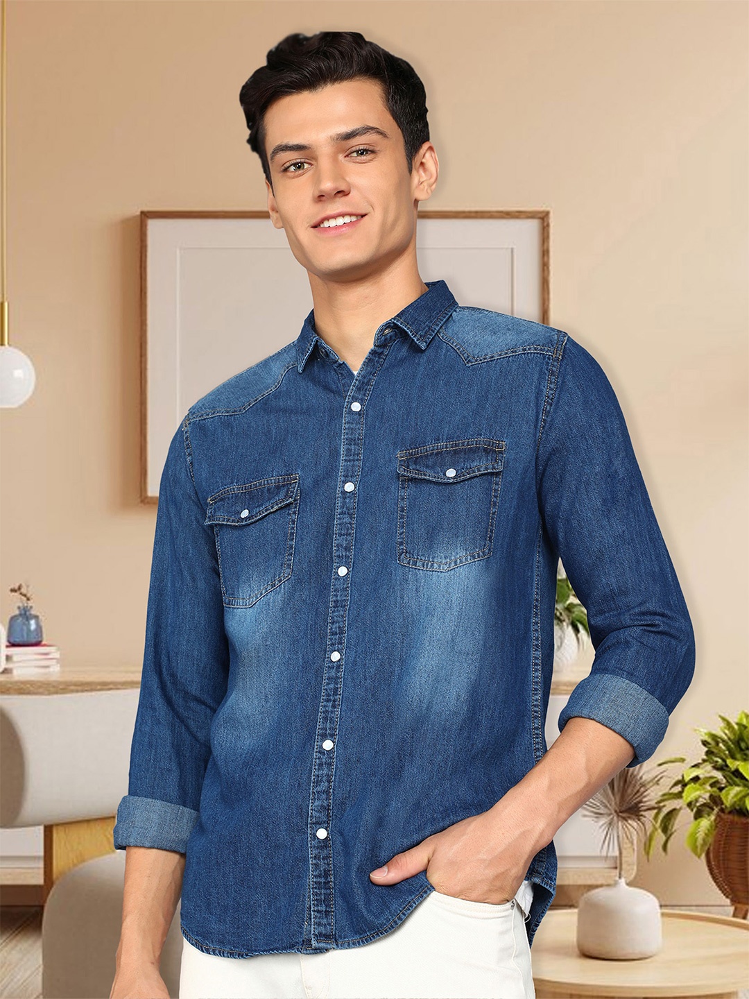

Kuons Avenue Smart Slim Fit Faded Denim Casual Shirt, Blue