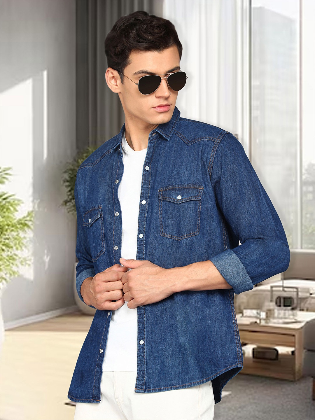 

Kuons Avenue Smart Slim Fit Opaque Denim Casual Shirt, Blue