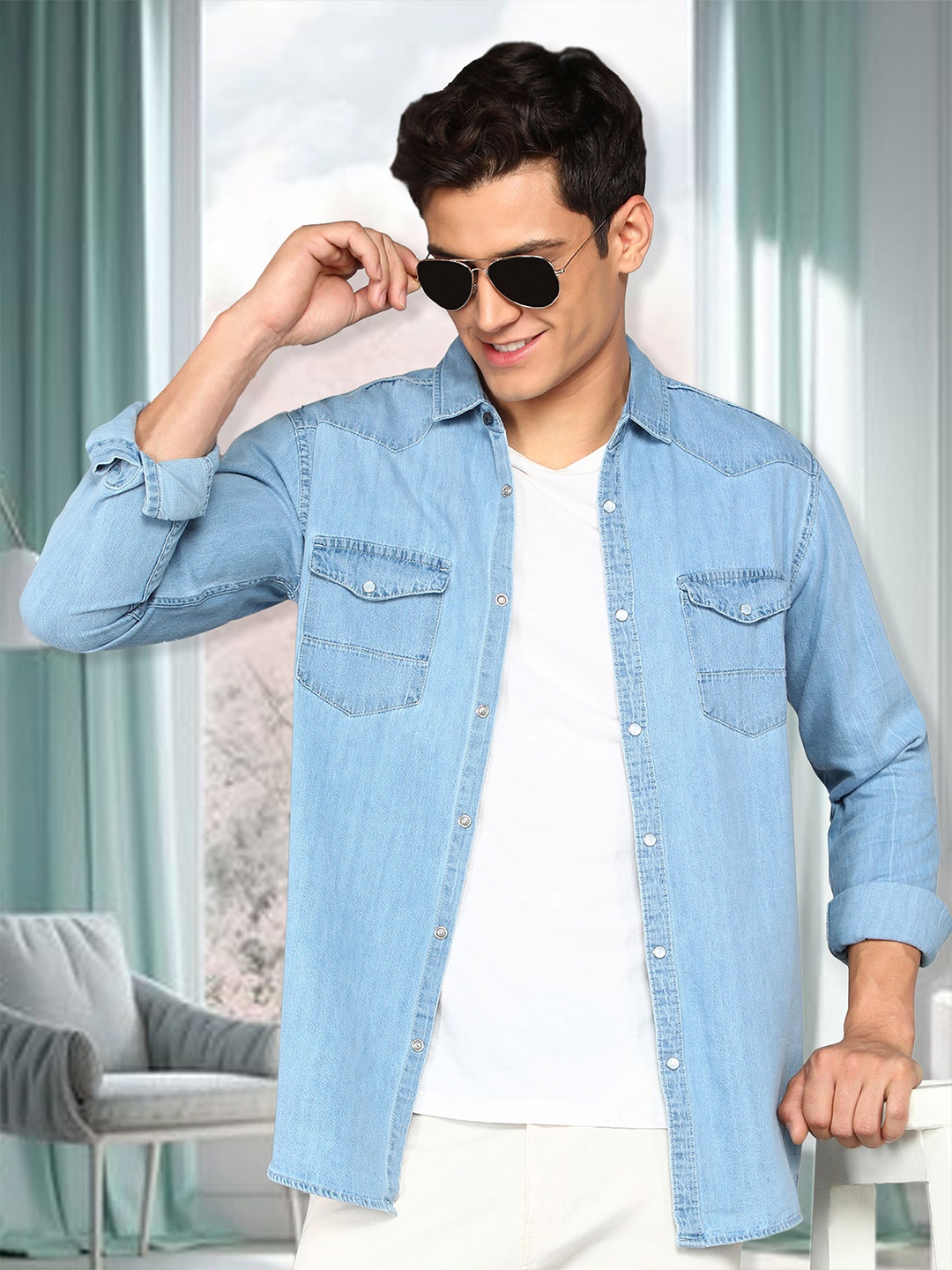

Kuons Avenue Smart Slim Fit Twill Casual Denim Shirt, Blue