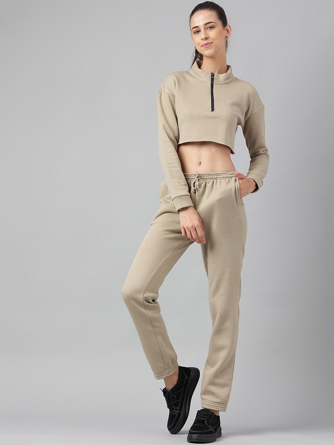 

Oh So Fly Mock Collar Crop Top & Joggers Cotton Fleece Tracksuits, Beige