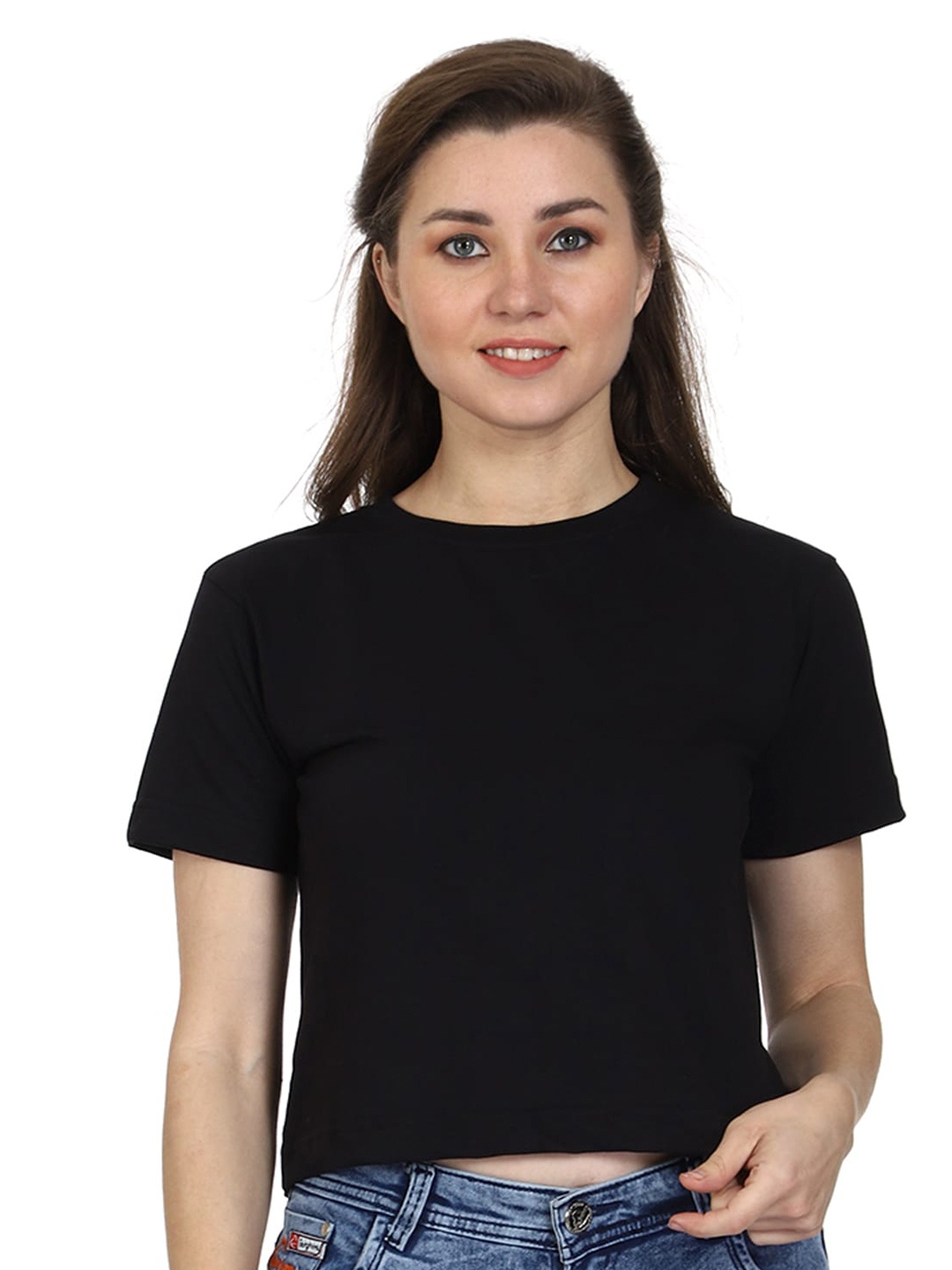 

T-SHIRT TRUCK Round Neck Cotton Crop T-shirt, Black