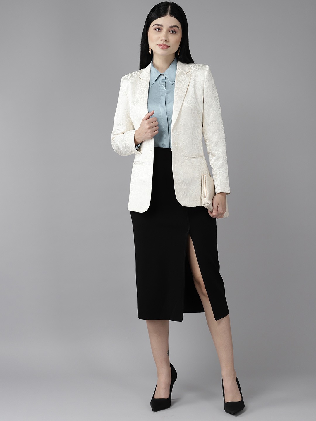 

Shaftesbury London Women Floral Woven Design Single Breasted Blazer, Cream