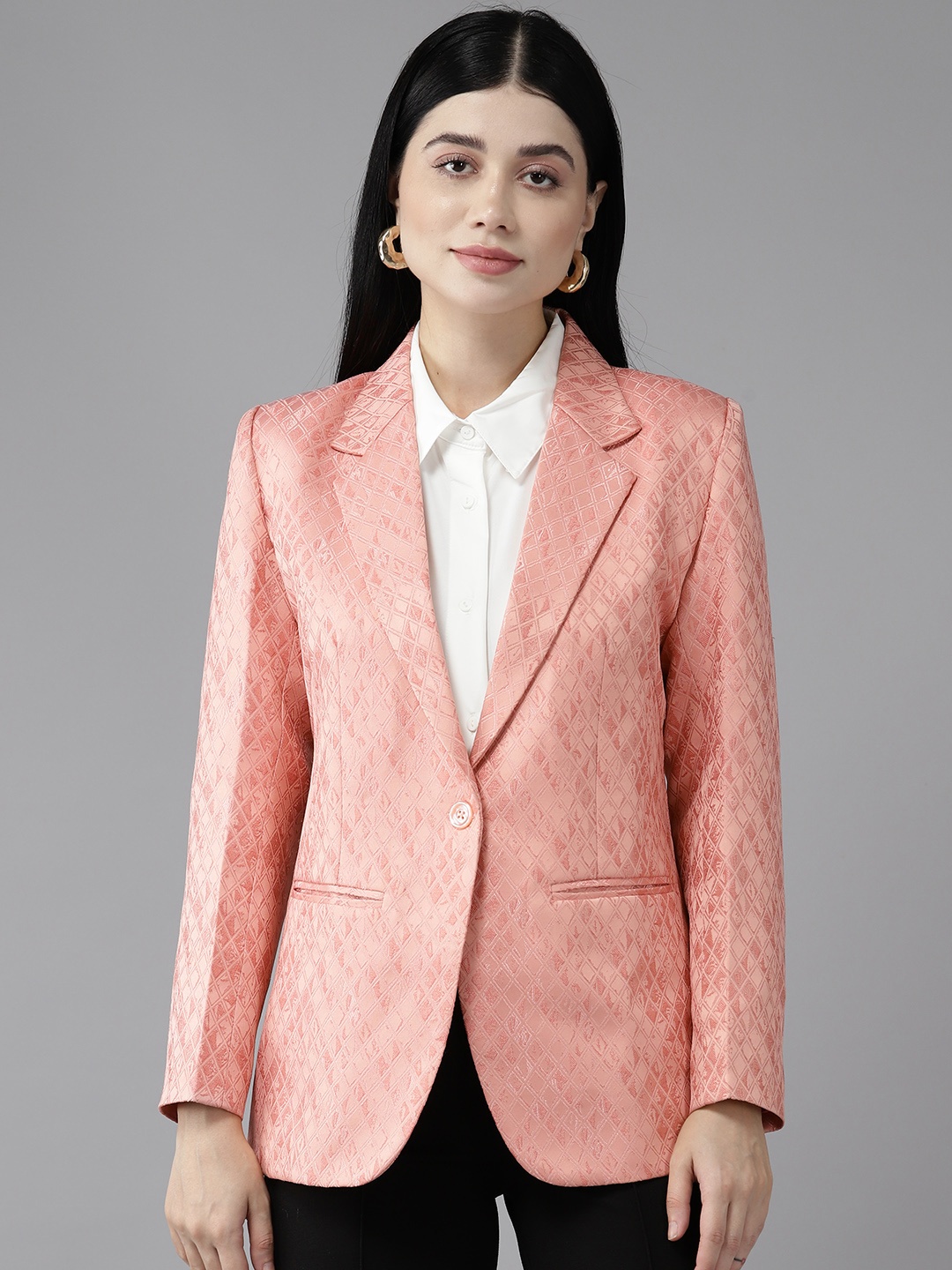 

Shaftesbury London Self Design Single-Breasted Slim Fit Formal Blazer, Peach