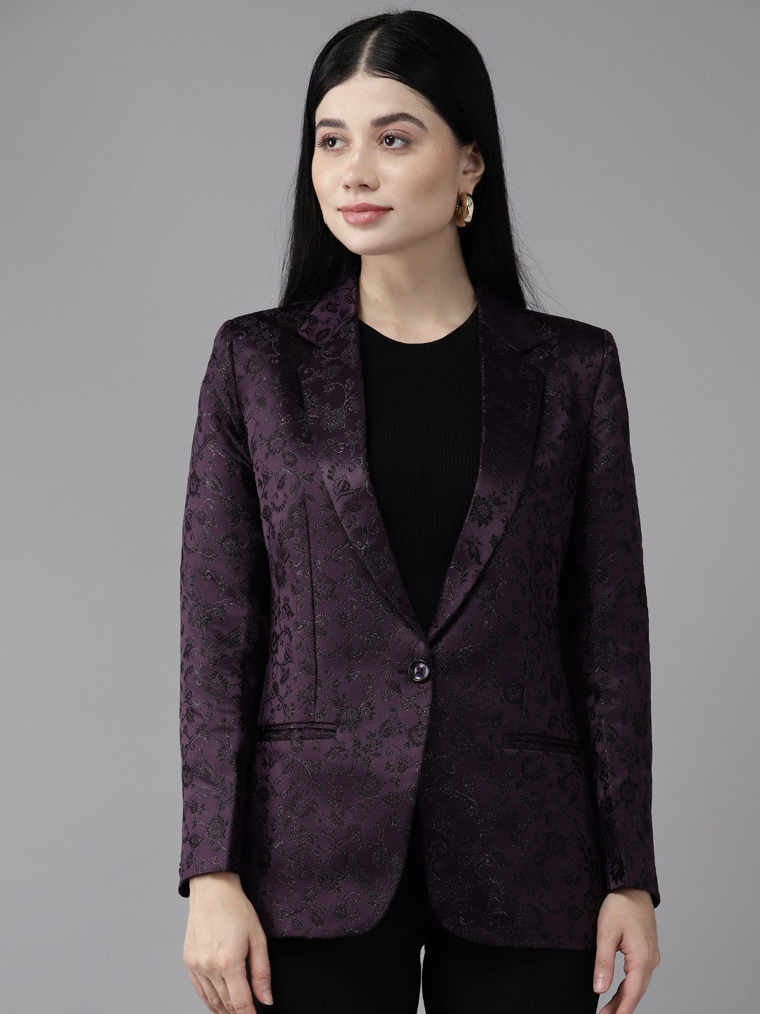 

Shaftesbury London Embroidered Single-Breasted Slim Fit Formal Blazer, Purple