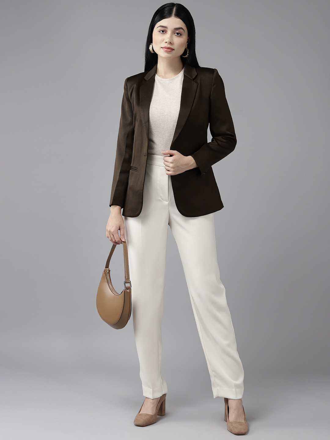 

Shaftesbury London Women Solid Slim Fit Blazer, Brown