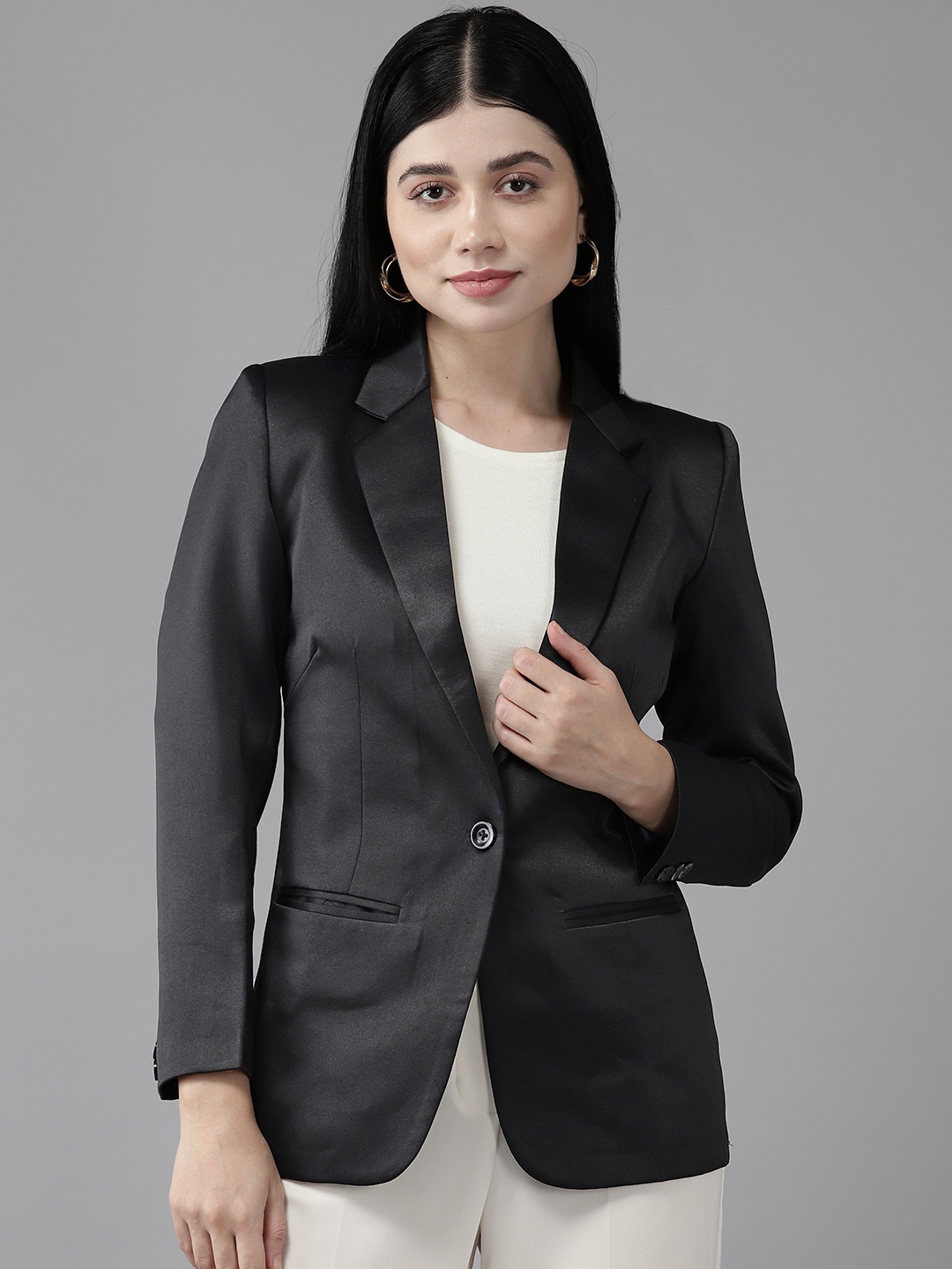 

Shaftesbury London Women Single-Breasted Slim Fit Formal Blazer, Black