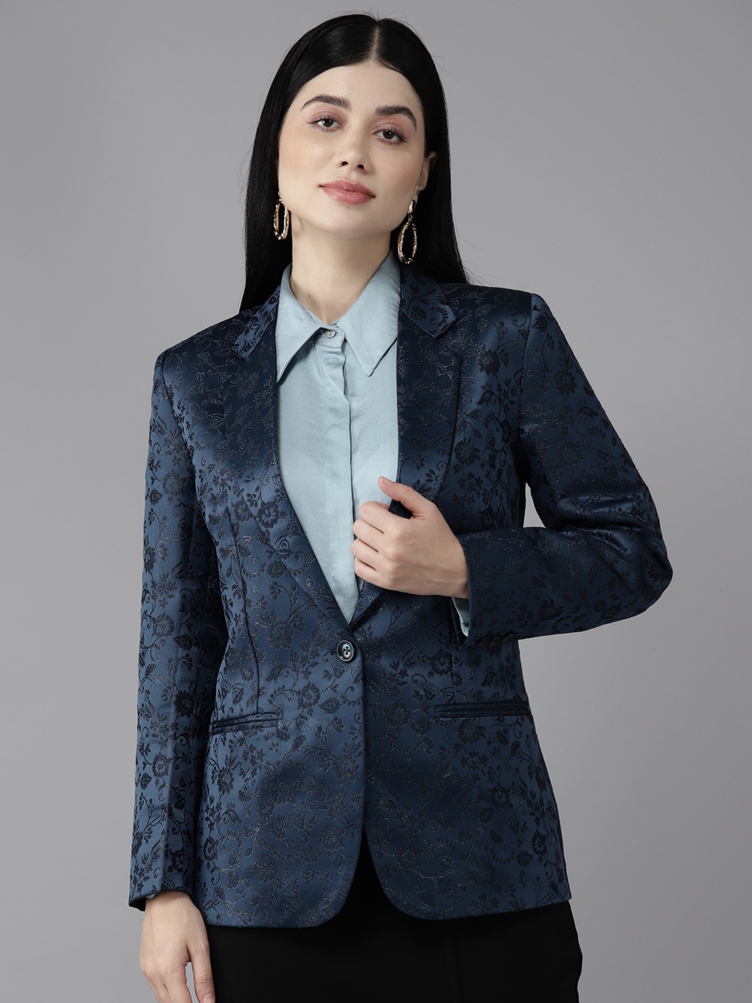 

Shaftesbury London Men Single-Breasted Slim Fit Satin Formal Blazer, Navy blue