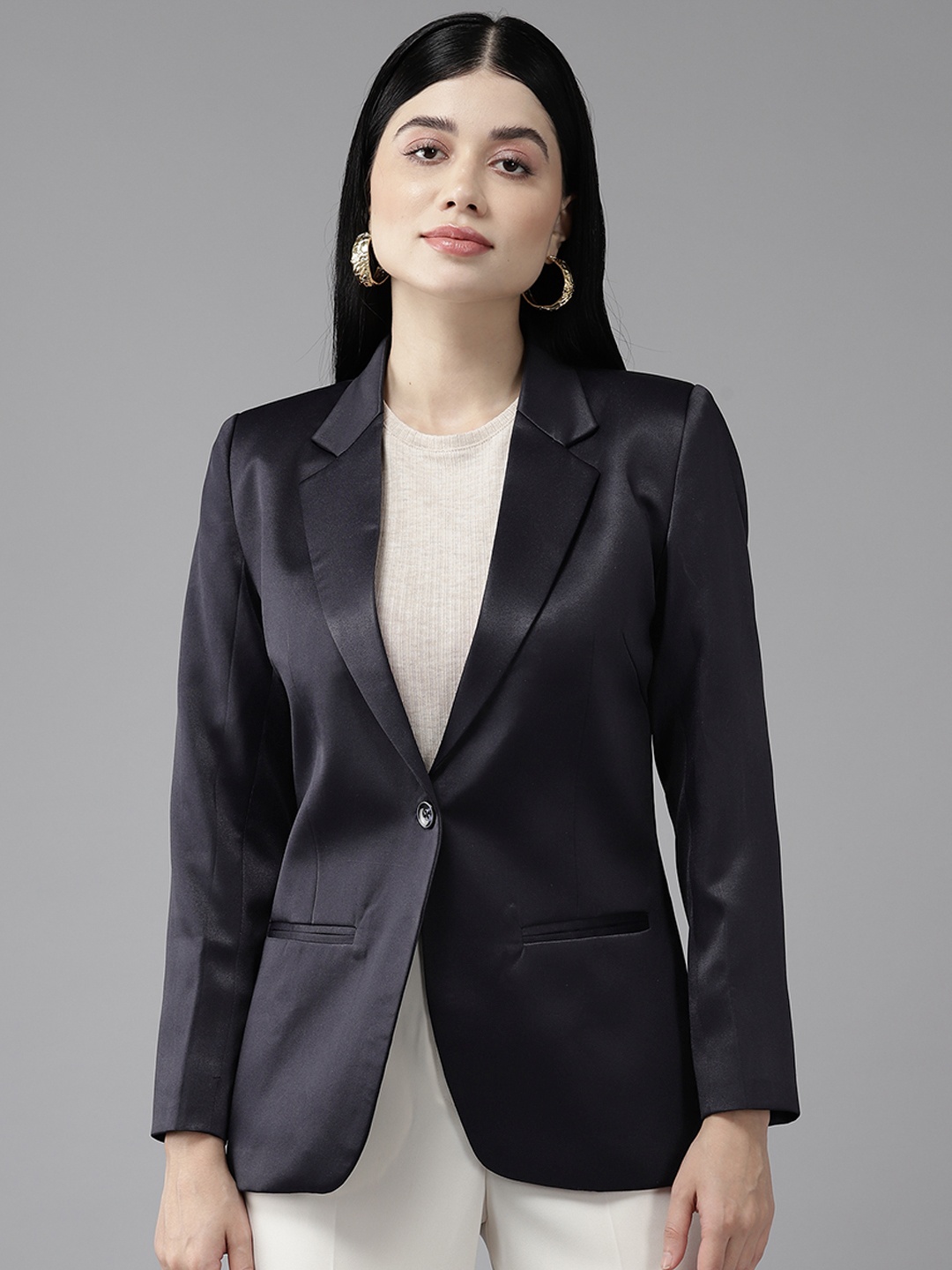 

Shaftesbury London Women Single-Breasted Slim Fit Satin Formal Blazer, Navy blue