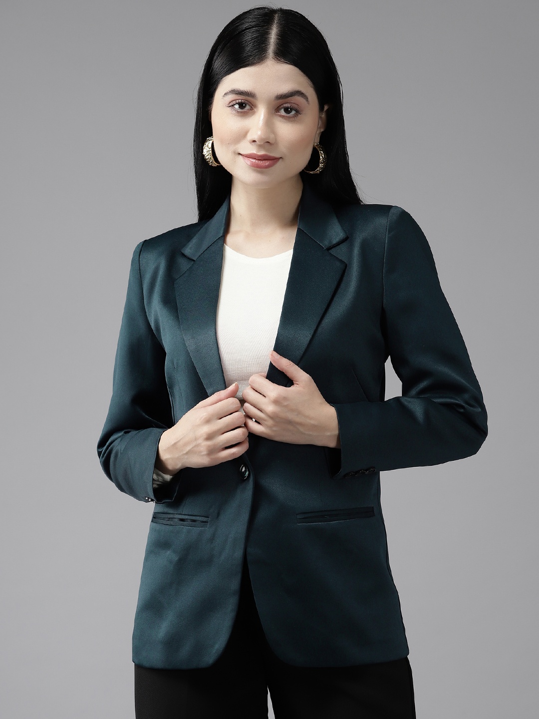 

Shaftesbury London Women Slim Fit Single Breasted Formal Dobby Blazer, Teal